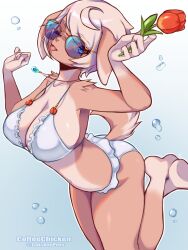 Rule 34 | 1girl, :p, ahoge, animal ears, arched back, artist name, bikini, blue-tinted eyewear, blue background, body fur, breasts, cleavage, coffeechicken, dog ears, dog girl, dog tail, female focus, flower, furry, furry female, highres, holding, holding flower, jewelry, large breasts, looking at viewer, necklace, one eye closed, original, short hair, solo, sunglasses, swimsuit, tail, tinted eyewear, tongue, tongue out, tulip, twitter username, vao (coffeechicken), white bikini, white hair