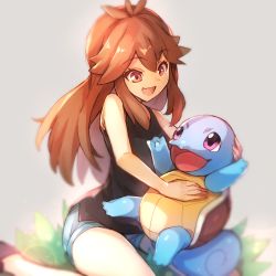 Rule 34 | 1girl, bad id, bad pixiv id, bare arms, black tank top, blue shorts, brown eyes, brown hair, commentary request, creatures (company), eyelashes, game freak, gen 1 pokemon, grass, green (pokemon), highres, long hair, looking down, mo-re:, nintendo, open mouth, pokemon, pokemon (creature), pokemon lgpe, short shorts, shorts, sidelocks, squirtle, tank top, tongue