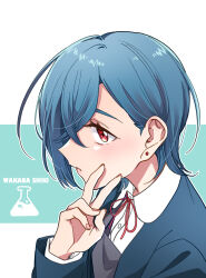 Rule 34 | 1girl, absurdres, blue hair, blue jacket, character name, collared shirt, commentary request, crossed bangs, dress shirt, earrings, hair between eyes, hand up, highres, jacket, jewelry, kashikaze, long sleeves, looking at viewer, love live!, love live! superstar!!, open clothes, open jacket, open mouth, outline, red eyes, school uniform, shirt, short hair, solo, stud earrings, upper body, v, wakana shiki, white outline, white shirt, yuigaoka school uniform
