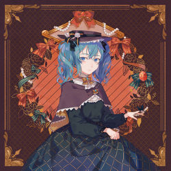 Rule 34 | 1girl, aqua eyes, aqua hair, blush, boater hat, bug, butterfly, butterfly on hand, capelet, dress, fen renlei, floral background, gem, green eyes, green hair, hat, hatsune miku, insect, jewelry, long hair, looking at viewer, necklace, pearl necklace, puffy sleeves, ribbon, side ponytail, skirt hold, sleeve cuffs, smile, solo, turtleneck, twintails, vocaloid
