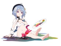 Rule 34 | 1girl, absurdres, ahoge, barefoot, beret, black hat, blue hair, colored shadow, dress, full body, full moon, griseo, griseo (starry impression), hair ornament, hat, highres, honkai (series), honkai impact 3rd, leg up, moon, on floor, open mouth, paintbrush, palette (object), purple eyes, shadow, short hair, simple background, sitting, soles, solo, toes, white background, white dress, yi fa jun(597617443)