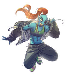 Rule 34 | 1girl, abs, armor, black jacket, black pants, blue skin, colored sclera, colored skin, eyepatch, fins, grin, head fins, jacket, long hair, midriff, monster girl, navel, noszle, open mouth, pants, ponytail, red hair, sharp teeth, shoes, simple background, sketch, smile, sneakers, solo, sweatpants, tank top, teeth, undertale, undyne, white background, yellow sclera