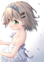 Rule 34 | 1girl, absurdres, bare arms, bare shoulders, bow, breasts, cleavage, collarbone, commentary request, dress, dress bow, flower, from side, gradient background, green eyes, grey hair, hair ornament, hairband, hairclip, highres, kohshibasaki, looking at viewer, rose, sleeveless, sleeveless dress, small breasts, solo, upper body, white background, white dress, white flower, white rose, wind, yama no susume, yukimura aoi