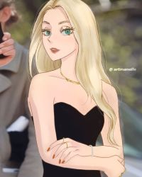 Rule 34 | 1girl, anya taylor-joy, artmanelle, bare shoulders, black dress, blonde hair, bracelet, breasts, cleavage, dress, eyebrows, eyelashes, female focus, green eyes, haiba arisa, haikyuu!!, half-closed eyes, hand on own arm, holding own arm, jewelry, lipstick, long hair, looking at viewer, makeup, nail polish, necklace, parted lips, photo-referenced, red lips, red nails, ring, smile, solo, strapless, strapless dress