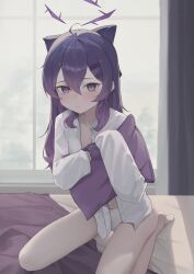 Rule 34 | 1girl, absurdres, barefoot, blue archive, blush, bow, closed mouth, collared shirt, gmi (jimmyovob), hair between eyes, hair bow, haruka (blue archive), highres, indoors, long hair, long sleeves, looking at viewer, panties, purple bow, purple eyes, purple hair, shirt, solo, underwear, white panties, white shirt