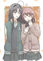 2girls 5tb ahoge awa_subaru black_hair blazer blush closed_eyes coat cowboy_shot girls_band_cry hair_scarf highres iseri_nina jacket long_hair low_twintails medium_hair multiple_girls necktie open_mouth orange_background purple_eyes school_uniform simple_background skirt smile translation_request twintails yuri