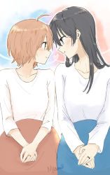 Rule 34 | 2girls, ahoge, artist name, black hair, blush, breasts, brown hair, closed mouth, collarbone, couple, eye contact, face-to-face, facing viewer, hair between eyes, hair over shoulder, heart, highres, jewelry, koito yuu, long hair, long sleeves, looking at another, multiple girls, nanami touko, nyamo, own hands together, ring, shirt, short hair, simple background, sitting, smile, white shirt, yagate kimi ni naru, yellow eyes, yuri