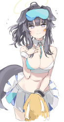 Rule 34 | 1girl, ahoge, animal ears, bikini, bikini top only, black hair, blue archive, blush, bracelet, bright pupils, cheerleader, cropped legs, detached collar, dog ears, dog tail, extra ears, flying sweatdrops, goggles, goggles on head, halo, hei (tonarinohey), hibiki (blue archive), hibiki (cheer squad) (blue archive), highres, jewelry, light smile, looking at viewer, millennium cheerleader outfit (blue archive), miniskirt, navel, pleated skirt, pom pom (cheerleading), ponytail, simple background, skirt, solo, star sticker, sticker on face, swimsuit, tail, two-tone bikini, white background