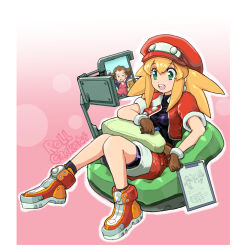 Rule 34 | 2girls, :d, bike shorts, bike shorts under shorts, blonde hair, breasts, brown gloves, brown hair, cabbie hat, character name, cropped jacket, full body, gloves, green eyes, hair between eyes, hat, knees together feet apart, medium breasts, mega man (series), mega man legends (series), menome, monitor, multiple girls, open mouth, pink background, red headwear, roll caskett (mega man), shorts, simple background, sitting, smile, solo focus, taut clothes, tron bonne (mega man)