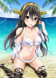 Rule 34 | 10s, 1girl, alternate costume, arm support, beach, bikini, black hair, black thighhighs, blush, breasts, brown eyes, cleavage, clothes down, cloud, collarbone, day, front-tie bikini top, front-tie top, hair between eyes, hairband, haruna (kancolle), headgear, highres, kantai collection, light particles, long hair, looking at viewer, medium breasts, navel, neko danshaku, ocean, open mouth, outdoors, palm leaf, palm tree, partially submerged, sand, sitting, sky, smile, solo, stomach, swimsuit, thighhighs, thighs, tree, water, white bikini