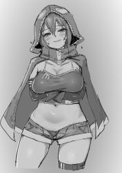 Rule 34 | 1girl, akitaka takaaki, arms under breasts, blush, breasts, cape, cleavage, commentary request, crossed arms, facial scar, girls&#039; frontline, gloves, greyscale, grin, highres, hood, hooded cape, ks-23 (girls&#039; frontline), large breasts, looking at viewer, midriff, monochrome, navel, open clothes, open fly, open shorts, scar, scar on cheek, scar on face, sharp teeth, short shorts, shorts, smile, solo, teeth, thigh strap