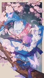 Rule 34 | 1girl, absurdres, blue butterfly, blue hat, blue kimono, branch, bug, butterfly, cherry blossoms, falling petals, floral background, flower, folding fan, hanami, hand fan, hat, highres, holding, holding fan, in tree, insect, japanese clothes, kimono, long sleeves, maccha (mochancc), mob cap, petals, pink eyes, pink flower, pink hair, pink theme, plum blossoms, saigyouji yuyuko, short hair, sitting, sitting in tree, solo, spring (season), touhou, tree, triangular headpiece, wide sleeves