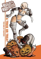Rule 34 | 1girl, angel (kof), bandages, blue eyes, breasts, candle, costume, english text, hair over one eye, halloween, halloween costume, happy halloween, hat, highres, jack-o&#039;-lantern, large breasts, mummy, mummy costume, pumpkin, rocohisaya, skull, snk, solo, the king of fighters, the king of fighters all-stars, toned, top hat, white hair