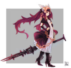 Rule 34 | 1girl, akaitera, arm warmers, armor, bad id, bad pixiv id, chain, dress, greaves, hands on own hips, long hair, original, purple eyes, purple hair, solo, twintails, very long hair, weapon