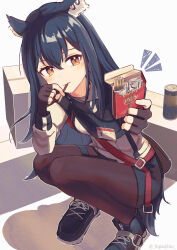 Rule 34 | 1girl, animal ear fluff, animal ear piercing, animal ears, arknights, black footwear, black gloves, black hair, black pantyhose, black shorts, blush, box, breasts, can, cardboard box, emphasis lines, fingerless gloves, food, gloves, hair between eyes, highres, holding, holding food, holding pocky, incoming food, long hair, long sleeves, looking at viewer, pantyhose, pocky, pocky day, shoes, shorts, small breasts, solo, squatting, tail, texas (arknights), twitter username, wolf ears, wolf girl, wolf tail, yatori suminohi, yellow eyes