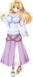 Rule 34 | 1girl, blonde hair, blue eyes, blush, breasts, casual, female focus, full body, gem, jewelry, katarina kujo, large breasts, long hair, long skirt, looking at viewer, open mouth, pendulum (game), purple skirt, sandals, simple background, skirt, smile, solo, standing, sweater, tamiya akito, very long hair, white background