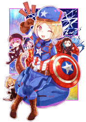 Rule 34 | 2girls, 3boys, armor, babe (fate), belt, billy the kid (fate), black widow, black widow (cosplay), blonde hair, blue eyes, blush, boots, bow (weapon), breasts, bull, cape, captain america, captain america (cosplay), character request, charles babbage (fate), cleavage, commentary request, cosplay, fate/grand order, fate (series), gevjon, gloves, green hair, hammer, hat, hawkeye (marvel), hawkeye (marvel) (cosplay), helena blavatsky (fate), highres, long sleeves, marvel, multiple boys, multiple girls, nikola tesla (fate), open mouth, paul bunyan (fate), purple eyes, purple hair, shield, short hair, smile, sunglasses, teeth, thor (marvel), thor (marvel) (cosplay), weapon, yellow eyes