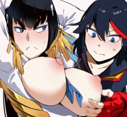 Rule 34 | 2girls, angry, animated, animated gif, bakkanki, black hair, blue eyes, bouncing breasts, breast sucking, breasts, breasts out, embarrassed, grabbing, grabbing another&#039;s breast, incest, kill la kill, kiryuuin satsuki, large breasts, matoi ryuuko, multicolored hair, multiple girls, red hair, siblings, sisters, sweat, thick eyebrows, yuri