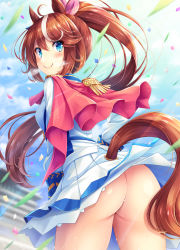 Rule 34 | 1girl, akashio (loli ace), animal ears, ass, blue eyes, blush, brown hair, clothing cutout, commentary request, confetti, day, eyes visible through hair, from behind, hair between eyes, highres, horse ears, horse girl, horse tail, long hair, long sleeves, looking at viewer, looking back, no panties, outdoors, ponytail, skirt, smile, solo, tail, tail through clothes, tokai teio (umamusume), umamusume, very long hair