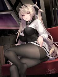 Rule 34 | 1girl, ash arms, black pantyhose, black ribbon, blonde hair, breasts, cityscape, commentary request, cross, dusk, fw190 (ash arms), gradient eyes, hair ribbon, highres, indoors, iron cross, large breasts, legs, long hair, long sleeves, looking at viewer, miniskirt, multicolored eyes, no shoes, pantyhose, parted lips, pleated skirt, ribbon, rokuwata tomoe, shirt, sitting, skirt, smile, solo, thighband pantyhose, twintails, white shirt, white skirt