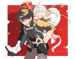 Rule 34 | 1boy, 1girl, ahoge, ankle boots, bell, black gloves, black hair, black thighhighs, boots, bow, box, capelet, carrying, christmas, closed eyes, command spell, diagonal stripes, fate/grand order, fate (series), fujimaru ritsuka (male), fujimaru ritsuka (male) (polar chaldea uniform), fur-trimmed capelet, fur trim, gift, gift box, gloves, green bow, green ribbon, grey hair, headpiece, highres, jeanne d&#039;arc alter santa lily (fate), kitada, piggyback, ribbon, smile, striped bow, striped ribbon, thighhighs, white capelet, yellow eyes
