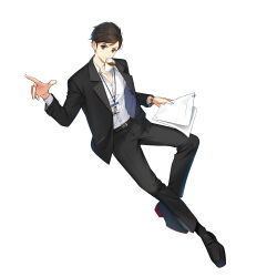Rule 34 | 1boy, belt, black belt, black eyes, black footwear, black hair, black jacket, black pants, black socks, business suit, closers, coffee, collared shirt, cup, disposable cup, dress shirt, dress shoes, formal, full body, hand up, highres, holding, holding cup, holding paper, id card, invisible chair, jacket, lanyard, long sleeves, looking at viewer, male focus, mouth hold, official art, open clothes, open jacket, pants, paper, paperclip, salaryman, seha lee, shirt, short hair, sitting, socks, solo, suit, suit jacket, tachi-e, v-shaped eyebrows, watch, white background, white shirt, wristwatch