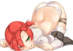 Rule 34 | 1girl, :q, arched back, ass, bad id, bad twitter id, bikini, bikini bottom only, black thighhighs, blush, boots, boudica (fate), breast press, breasts, fate/grand order, fate (series), green eyes, long sleeves, looking at viewer, naughty face, pinta (ayashii bochi), ponytail, prostration, puffy long sleeves, puffy sleeves, red hair, short hair, shrug (clothing), simple background, solo, swimsuit, thigh boots, thighhighs, tongue, tongue out, top-down bottom-up, white background