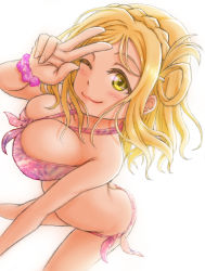 Rule 34 | 1girl, artist name, artist request, bare legs, bare shoulders, bikini, blonde hair, blush, braid, breasts, brown eyes, cleavage, collarbone, cross-laced bikini, cross-laced clothes, crown braid, eno tato, female focus, hair rings, large breasts, looking at viewer, love live!, love live! sunshine!!, ohara mari, one eye closed, parted lips, pink bikini, pink scrunchie, scrunchie, short hair, smile, solo, swimsuit, white background, yellow eyes