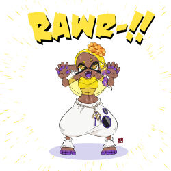 Rule 34 | 1girl, :d, asymmetrical hair, blonde hair, blush, breasts, claw pose, colored skin, colored tongue, commentary request, crop top, dark-skinned female, dark skin, earrings, eyelashes, fangs, food-themed hair ornament, forehead, frye (splatoon), full body, gao, gradient hair, hair ornament, hands up, harem pants, highres, inkling, jewelry, looking at viewer, medium breasts, medium hair, midriff, multicolored hair, multicolored skin, multiple earrings, namuro, navel, nintendo, open mouth, pants, pointy ears, purple hair, purple skin, purple tongue, shawl, shirt, simple background, sleeveless, sleeveless shirt, sleeveless turtleneck, smile, socks, solo, splatoon (series), splatoon 3, standing, star-shaped pupils, star (symbol), stomach, symbol-shaped pupils, tentacle hair, toeless legwear, toes, turtleneck, white background, white pants, white socks, yellow eyes, yellow shawl, yellow shirt