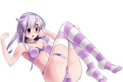 Rule 34 | 10s, 1girl, blush, boa (brianoa), bra, breasts, cameltoe, d-pad, feet, hair ornament, highres, long hair, nepgear, neptune (series), no shoes, panties, purple eyes, purple hair, solo, striped clothes, striped thighhighs, sweat, thighhighs, underwear, underwear only