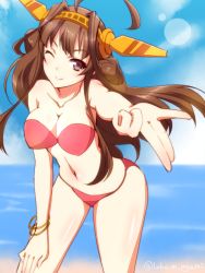 Rule 34 | 10s, 1girl, ;), bikini, bracelet, breasts, brown hair, cleavage, hairband, hand on own thigh, headgear, jewelry, kantai collection, kongou (kancolle), long hair, looking at viewer, ocean, one eye closed, ookami maito, purple eyes, red bikini, smile, solo, swimsuit, twitter username