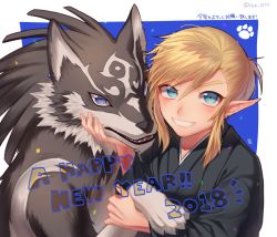 Rule 34 | 2018, animal, artist request, blonde hair, blue eyes, japanese clothes, link, wolf link, long hair, looking at viewer, male focus, new year, nintendo, smile, the legend of zelda, the legend of zelda: breath of the wild, the legend of zelda: twilight princess, wolf