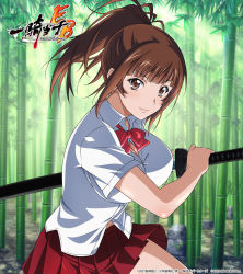 Rule 34 | 1girl, bamboo, bamboo forest, blunt bangs, bow, bowtie, breasts, brown eyes, brown hair, closed mouth, collared shirt, copyright name, day, dress shirt, floating hair, forest, groin, highres, holding, holding sheath, holding sword, holding weapon, ikkitousen, katana, large breasts, long hair, miniskirt, nature, official art, outdoors, pleated skirt, red bow, red bowtie, red skirt, school uniform, sheath, shirt, skirt, smile, solo, sword, unsheathing, weapon, white shirt, wing collar, yagyu mitsuyoshi