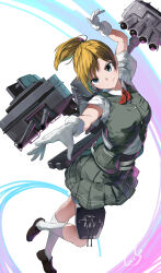 Rule 34 | 1girl, absurdres, anti-aircraft, anti-aircraft gun, asymmetrical hair, black vest, blonde hair, blush, breasts, brown footwear, cannon, dancing, dated, flipped hair, full body, gegeron, gloves, grey eyes, grey vest, highres, kantai collection, kerchief, machinery, maikaze (kancolle), neck ribbon, pleated skirt, ponytail, ribbon, rigging, school uniform, shirt, short hair, short ponytail, short sleeves, signature, skirt, small breasts, smile, smokestack, solo, torpedo launcher, torpedo tubes, turret, vest, white background, white gloves