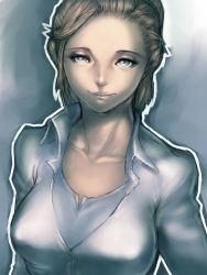 Rule 34 | 1girl, blonde hair, breasts, collarbone, elena fisher, fumio (rsqkr), grey eyes, large breasts, lips, shirt, solo, uncharted, upper body