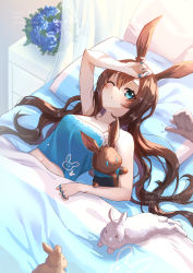 Rule 34 | 1girl, ;o, alternate costume, alternate hairstyle, amiya (arknights), animal, animal ears, arknights, arm up, artist name, bare arms, bare shoulders, bed sheet, blanket, blue eyes, breasts, brown hair, rabbit, camisole, cleavage, collarbone, curtains, day, gogatsu fukuin, hair down, hand on forehead, highres, indoors, jewelry, long hair, looking at viewer, lying, medium breasts, multiple rings, navel, on back, on bed, one eye closed, parted lips, pillow, rabbit ears, ring, solo, stuffed animal, stuffed rabbit, stuffed toy, sunlight, under covers, vase, very long hair, waking up, watermark, web address
