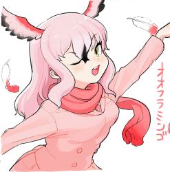 Rule 34 | 1girl, absurdres, bird girl, bird wings, black hair, commentary request, cowboy shot, feathers, greater flamingo (kemono friends), green eyes, head wings, highres, jacket, kemono friends, long hair, long sleeves, multicolored hair, one eye closed, open mouth, pink hair, pink jacket, pink scarf, red hair, scarf, solo, tranqu, translation request, wings