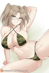 Rule 34 | 1girl, arm behind head, arm up, armpits, aslindsamure, bare shoulders, bikini, blush, breasts, brown hair, camouflage, camouflage bikini, cleavage, closed mouth, collarbone, glasses, gluteal fold, green bikini, green eyes, highres, imu (senran kagura), large breasts, looking at viewer, navel, parted bangs, senran kagura, senran kagura shinovi versus, sidelocks, smile, solo, swimsuit, thighs, two side up, white background