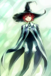 Rule 34 | 1girl, breasts, buttons, flying, gloves, hat, highres, houshin engi, invisible, kinkouseiba, looking at viewer, parted lips, purple eyes, red hair, robe, short hair, solo, striped, sukumo (kemutai), white gloves, witch hat