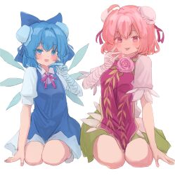 Rule 34 | 2girls, absurdres, ahoge, alternate hairstyle, bandaged arm, bandages, blue bow, blue dress, blue eyes, blue hair, blush, bow, breasts, bun cover, cirno, closed mouth, collared shirt, commentary request, double bun, dress, flower, full body, green skirt, hair bow, hair bun, hair intakes, highres, ibaraki kasen, ice, ice wings, looking at viewer, mikan (manmarumikan), multiple girls, neck ribbon, open mouth, pinafore dress, pink eyes, pink flower, pink hair, pink rose, red ribbon, ribbon, rose, seiza, shirt, short hair, simple background, sitting, skirt, sleeveless dress, small breasts, smile, tabard, tongue, tongue out, touhou, white background, white shirt, wings