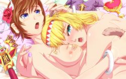 Rule 34 | 00s, 2girls, animal ears, blonde hair, blue eyes, blush, breasts, brown hair, character request, female focus, final fantasy, final fantasy xi, looking at viewer, midorinocha, multiple girls, nipples, nude, open mouth, square enix, tail, tears, yuri