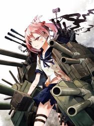 Rule 34 | 10s, 1girl, angry, animal, antenna hair, blue skirt, burnt clothes, buttons, cannon, cowboy shot, hair bobbles, hair ornament, highres, kantai collection, machinery, midriff peek, navel, on head, pink hair, pleated skirt, pointing, rabbit, red eyes, sazanami (kancolle), school uniform, serafuku, serious, shirt, short hair, skirt, solo, tadano natsu, thigh strap, torn clothes, triangle mouth, twintails, white shirt
