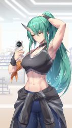 Rule 34 | 1boy, 2girls, absurdres, arknights, arm up, armpits, bare arms, bare shoulders, black choker, black jacket, blue pants, breasts, cellphone, chinese commentary, choker, clothes around waist, commentary request, crop top, green hair, hair between eyes, hengxing v, highres, holding, holding phone, horns, hoshiguma (arknights), indoors, jacket, jacket around waist, large breasts, leggings, long hair, midriff, mountain (arknights), multiple girls, navel, pants, phone, ponytail, saria (arknights), single horn, smartphone, smile, solo focus, sports bra, stomach, thighs, very long hair, yellow eyes