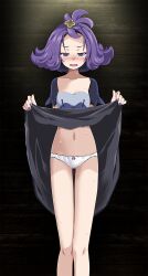 Rule 34 | 1girl, acerola (pokemon), against wall, bad id, bad pixiv id, bare legs, black dress, blush, clothes lift, collarbone, creatures (company), dress, dress lift, flat chest, game freak, gluteal fold, hair ornament, highres, indoors, lifted by self, long hair, looking down, midriff, nail polish, navel, nintendo, open mouth, panties, pokemon, pokemon sm, purple eyes, purple hair, purple nails, purple ribbon, ribbon, ribbon panties, solo, standing, stomach, thigh gap, tsukishiro saika, underwear, wavy mouth, white panties, wooden wall