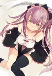 Rule 34 | 1girl, ahoge, artist request, asymmetrical clothes, bad id, bad pixiv id, bare shoulders, between thighs, black thighhighs, bow, breasts, cleavage, collarbone, dress, elbow gloves, gloves, hair bobbles, hair bow, hair ornament, large breasts, long hair, looking at viewer, looking up, nuchaaa, original, purple hair, single thighhigh, sitting, solo, strapless, strapless dress, tears, thighhighs, thighs, v arms, yellow eyes