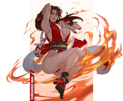 Rule 34 | 1girl, arm guards, arm up, armpits, black legwear, breasts, brown eyes, brown hair, bula, character name, cleavage, commentary request, fatal fury, fire, folded fan, folding fan, hand fan, high ponytail, highres, large breasts, long hair, ninja, obi, pelvic curtain, ponytail, revealing clothes, rope, sash, shiranui mai, solo, thighs