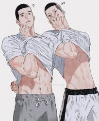 Rule 34 | 2boys, :d, ?, abs, arms behind back, bishounen, black eyes, black hair, buzz cut, clothes lift, covering mouth, cowboy shot, fukatsu kazunari, grey pants, guilty challenge (meme), hand in clothes, hand over own mouth, hand under clothes, highres, korean text, laughing, leeis cool, looking at viewer, male focus, meme, multiple boys, navel, open mouth, pants, sawakita eiji, shirt, shirt lift, short hair, slam dunk (series), smile, stomach, sweatpants, toned, toned male, track pants, translation request, undercut, very short hair, white background, white pants, white shirt