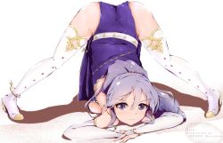 Rule 34 | 1girl, anklet, arched back, ass, blush, boots, bracelet, bridal gauntlets, earrings, fire emblem, fire emblem: genealogy of the holy war, fire emblem heroes, flexible, highres, ishtar (fire emblem), jack-o&#039; challenge, jewelry, loincloth, looking at viewer, nintendo, purple eyes, purple hair, simple background, smile, solo, spread legs, twitter username, white background, wide spread legs, yuzukiaz