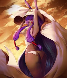 Rule 34 | 1girl, animal ears, arms up, ass, bad id, bad pixiv id, breasts, butt crack, closed mouth, cloud, commentary request, dark-skinned female, dark skin, evening, facepaint, fate/grand order, fate (series), from behind, hair between eyes, hair tubes, hairband, jackal ears, legs together, long hair, looking at viewer, looking back, medium breasts, nitocris (fate), nitocris (fate/grand order), nitocris (swimsuit assassin) (fate), nitocris (swimsuit assassin) (second ascension) (fate), one-piece swimsuit, orange sky, outdoors, purple eyes, purple hair, sky, smile, solo, soya (torga), standing, swimsuit, two-tone hairband, very long hair, white one-piece swimsuit