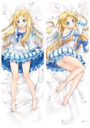 Rule 34 | 1girl, :d, angel wings, bare legs, barefoot, bed sheet, blonde hair, blue bow, blue bowtie, blue eyes, bow, bowtie, closed mouth, dakimakura (medium), dress, feathered wings, feathers, female focus, filo (tate no yuusha no nariagari), from above, full body, hair intakes, long hair, long sleeves, looking at viewer, lying, moeanime, multiple views, on back, on side, open mouth, panties, short dress, skirt hold, smile, soles, split screen, straight hair, tate no yuusha no nariagari, underwear, very long hair, white dress, white feathers, white panties, white wings, wings